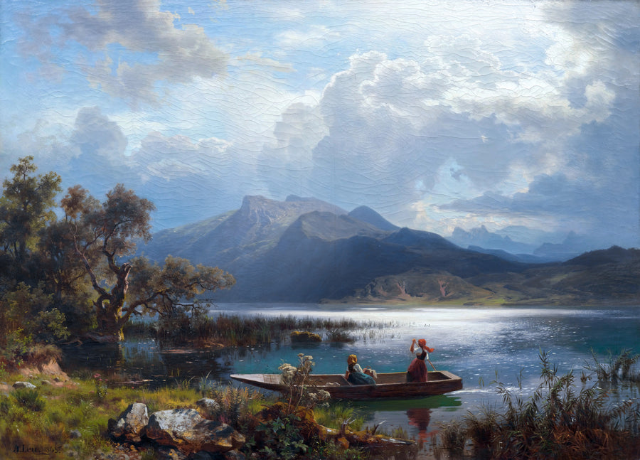 August Wilhelm Leu - Mieniące się górskie jezioro z dziewczętami w łodzi